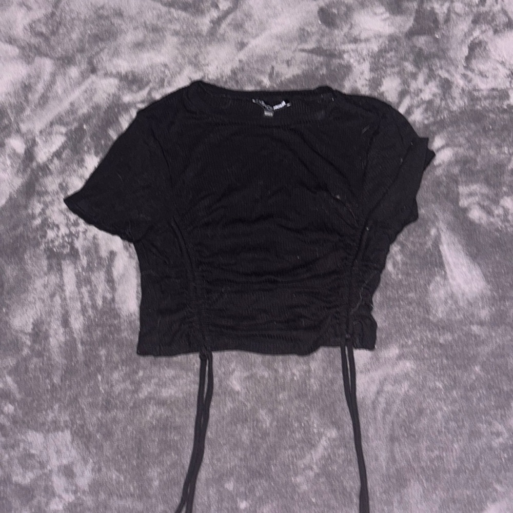 Ribbed black short crop top with ties
